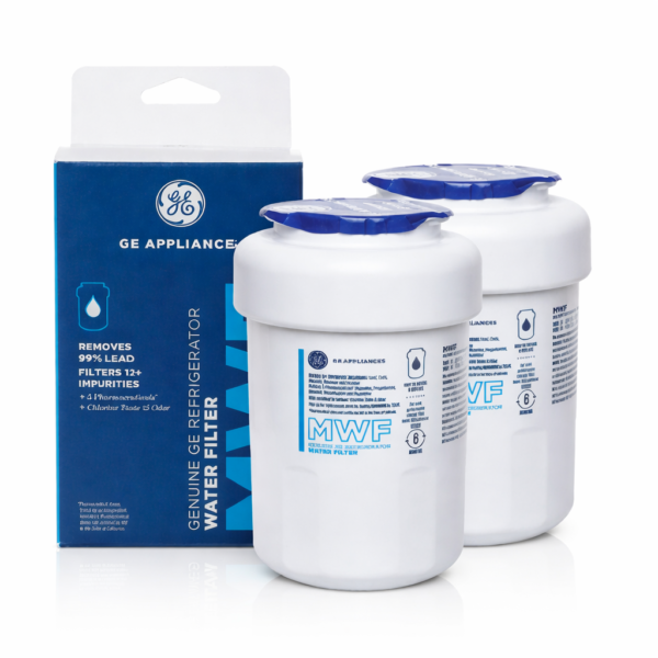 GE MWF Refrigerator Water Filter, Genuine Replacement Filter, Certified to Reduce Lead, Microplastics, PFOA/PFOS, and 50+ Other Impurities, Compatible with GE Appliances Brands, Pack of 2